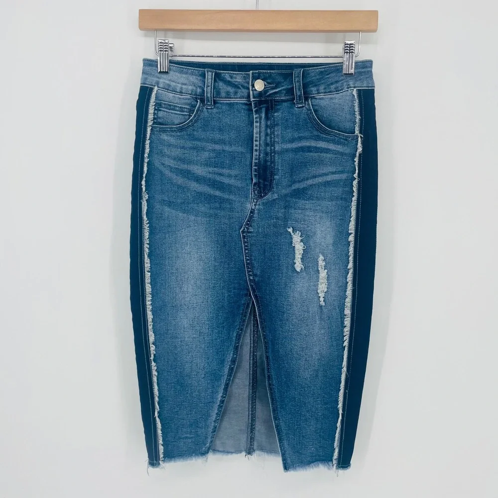 LITZ Denim Two Tone Distressed Midi Skirt Blue Frayed Side Stripe size S‎ Y2K
